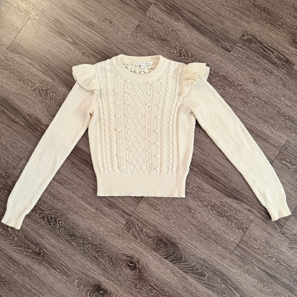 Veronica Beard Earl Ruffle Cable Knit Sweater